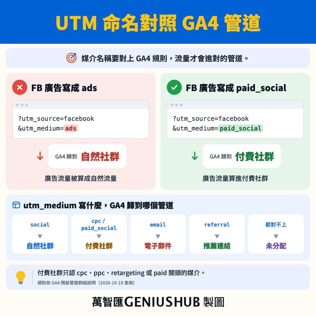 UTM 命名對照 GA4 管道:媒介寫 ads 會算成自然社群,寫 paid_social 才算付費社群