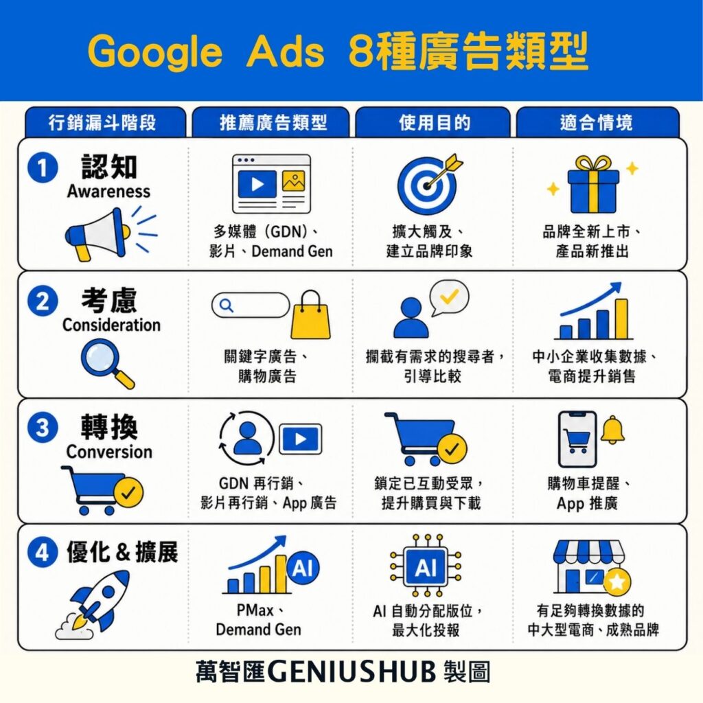 以行銷漏斗搭配不同google ads廣告類型