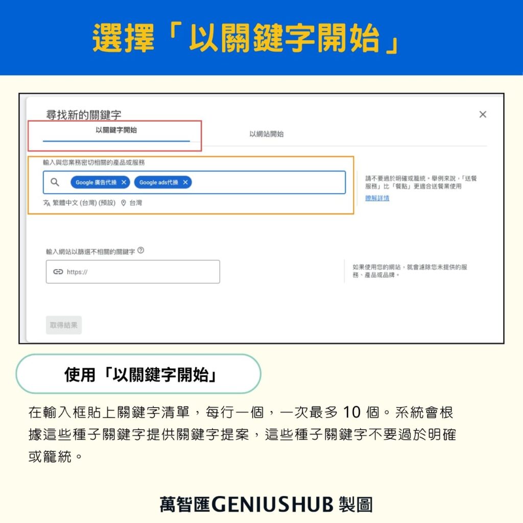 關鍵字規劃工具步驟:輸入種子關鍵字