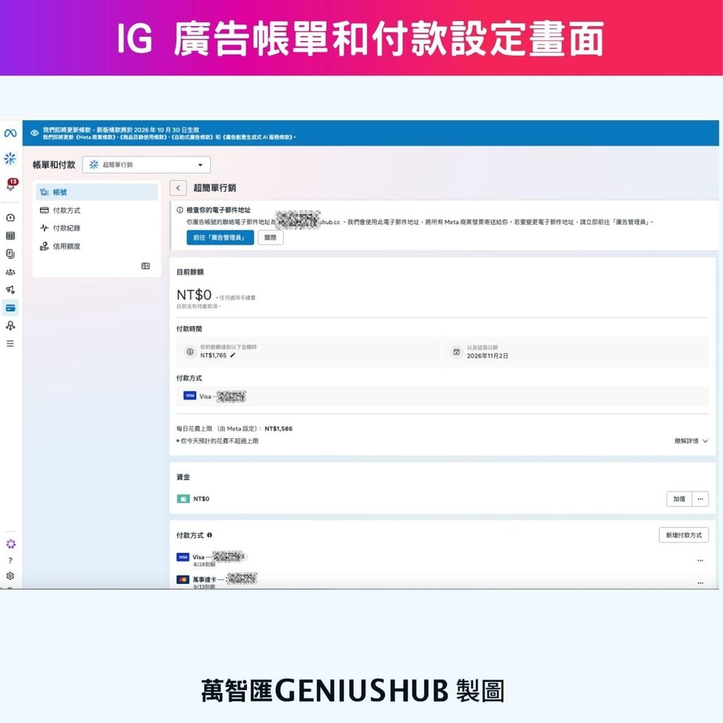 IG 廣告帳單和付款設定畫面