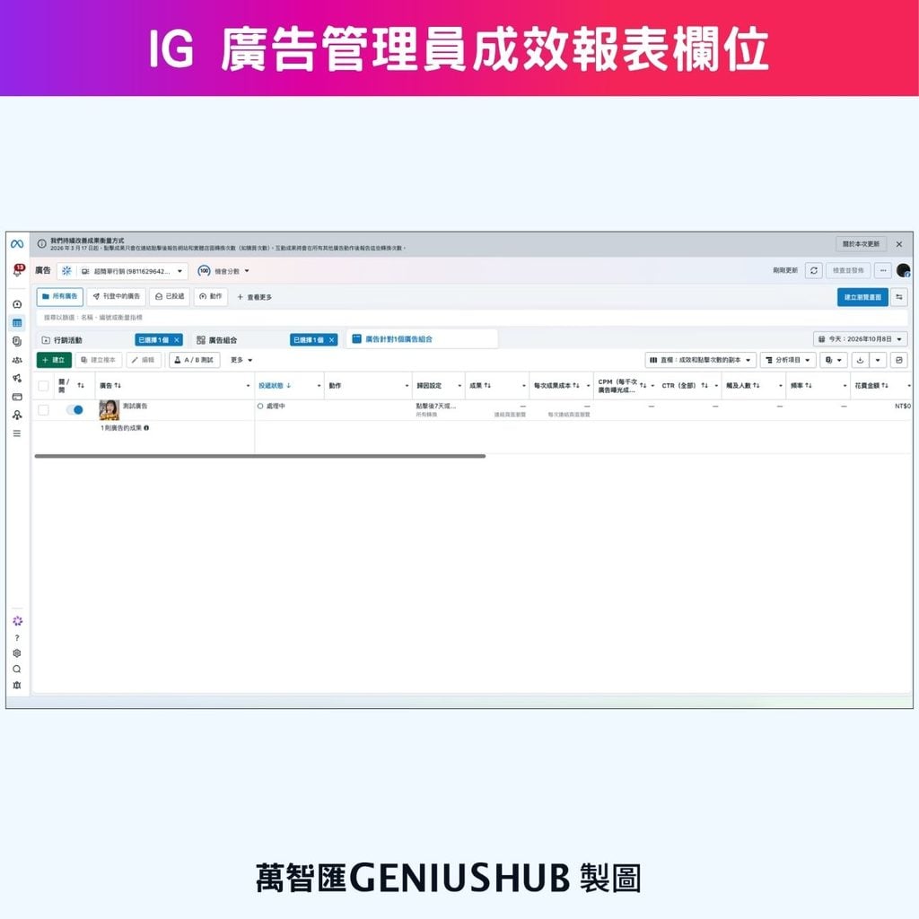 IG 廣告管理員成效報表欄位